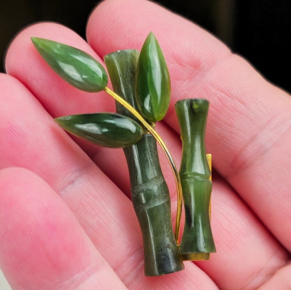 Vintage Jade Bamboo Brooch Pin